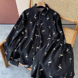 Set: Elbow-sleeve Crane Print Shirt + Shorts Black - One Size