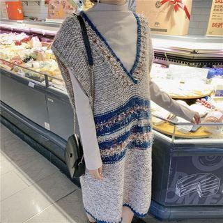 Long-sleeve Plain Top / Sleeveless Contrast Trim Knit Dress