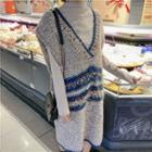 Long-sleeve Plain Top / Sleeveless Contrast Trim Knit Dress