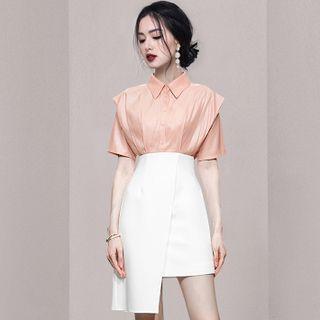 Set: Short-sleeve Plain Shirt + Asymmetrical Pencil Skirt
