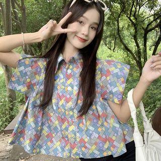 Short-sleeve Mosaic Print Blouse Mosaic Print - Blue & Pink - One Size