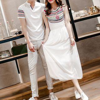 Couple Matching Short-sleeve Patterned Top / Sleeveless Midi Dress