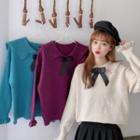 Ribbon-accent Peter Pan Knit Top