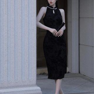 Faux Pearl Slit Midi Qipao Dress