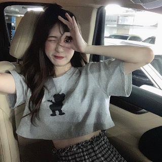 Short-sleeve Cartoon Print Cropped T-shirt / Plaid A-line Mini Skirt