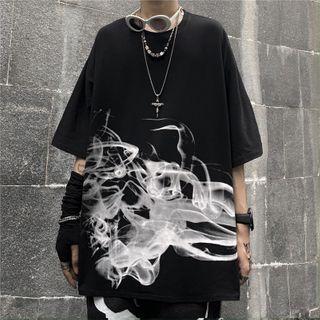 Elbow-sleeve Smoke Print T-shirt