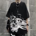Elbow-sleeve Smoke Print T-shirt