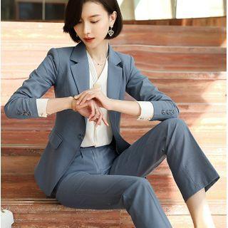 Tie-neck Blouse / Plain Blazer / Straight-cut Pants / Pencil Skirt / Set