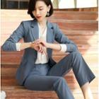 Tie-neck Blouse / Plain Blazer / Straight-cut Pants / Pencil Skirt / Set