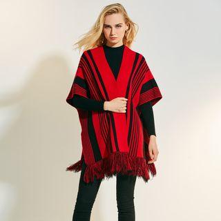 Striped Open Front Cardigan Red - One Size