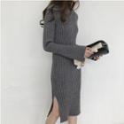 Long-sleeve Turtleneck Slit-side Knit Dress