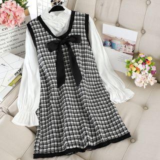 Set: Bell-sleeve Blouse + Tweed Pinafore Dress Set - Shirt - White - One Size / Pinafore Dress - Black - One Size