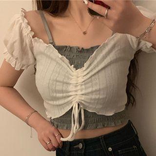 Set: Camisole Top + Balloon-sleeve Drawstring Cropped Blouse Set Of 2: Camisole Top & Blouse - One Size