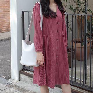 Long-sleeve Buttoned Stripe Midi Dress