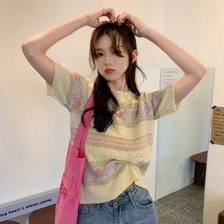 Short-sleeve Floral Print Pointelle Knit Top Beige - One Size