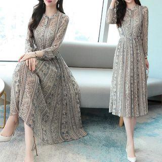 Flower Print Chiffon Long-sleeve Midi Accordion Pleat Dress