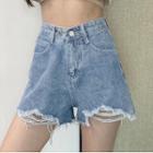 High-waist Distressed A-line Wide Leg Denim Shorts