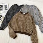 Color-block Plaid Crewneck Woolen Long-sleeve Sweatshirt