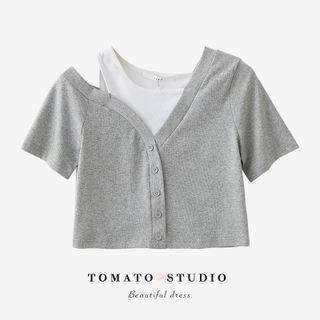 Mock Two-piece Button-up Cropped Top