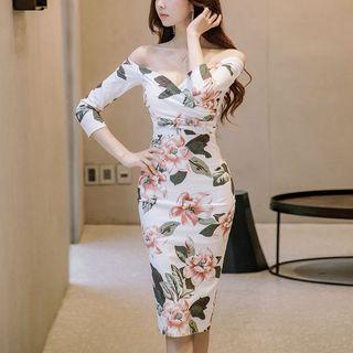 3/4 Sleeve Off-shoulder Patterned Sheath Dress