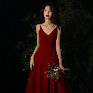 Spaghetti Strap Plain A-line Evening Gown