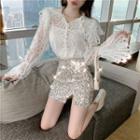 Long-sleeve Lace Top / Sequined Mini Skirt