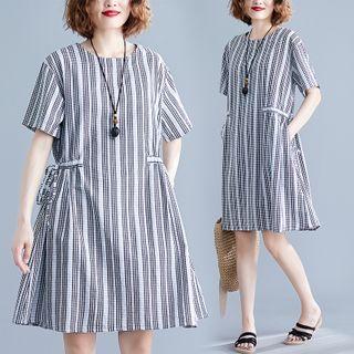 Striped Short-sleeve Mini A-line Dress Plaid - Black & White - One Size