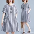 Striped Short-sleeve Mini A-line Dress Plaid - Black & White - One Size