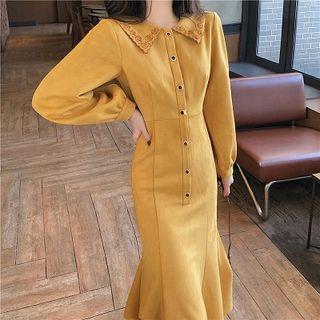 Plain Single-breasted Slim-waist Long-sleeve Dress