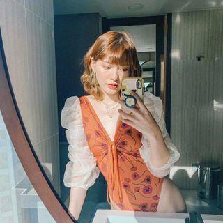 Puff-sleeve Paneled Floral Print Swimsuit