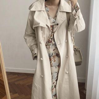 Double-breasted Trench Coat / Long-sleeve Floral Print Midi Dress