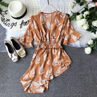 Elbow-sleeve Asymmetric Chiffon Top