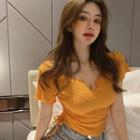 Drawstring Split-neck Short-sleeve T-shirt