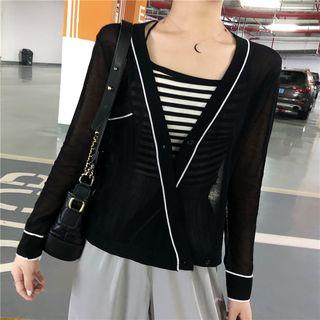 Color-block Cardigan / Striped Camisole Top / Plain Wide-leg Pants