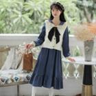 Set: Button-up Sweater Vest + Long-sleeve Dress