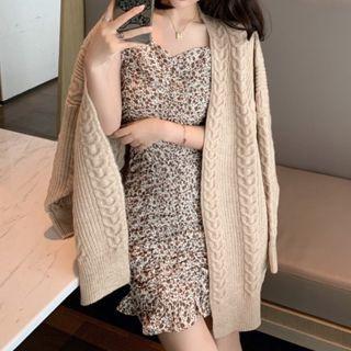 Chunky Knit Cardigan / Spaghetti Strap Floral Print Mini Dress