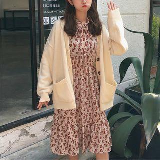 V-neck Cardigan / Long-sleeve Floral A-line Dress