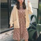 V-neck Cardigan / Long-sleeve Floral A-line Dress