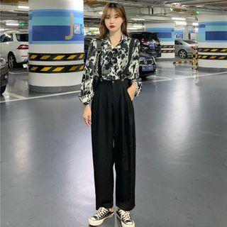 Long-sleeve Printed Shirt / Wide-leg Suspender Pants