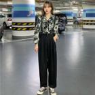 Long-sleeve Printed Shirt / Wide-leg Suspender Pants