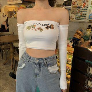 Long-sleeve Embroidered Cropped Top White - One Size