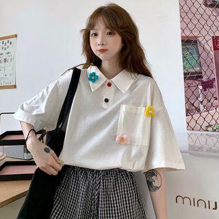 Elbow-sleeve Flower Applique Polo Shirt