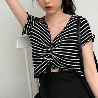 Striped Short-sleeve Drawstring Ruched Knit Top Black - One Size