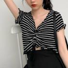 Striped Short-sleeve Drawstring Ruched Knit Top Black - One Size