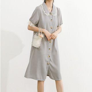 Mesh Panel Short-sleeve Collared Dress Grayish Blue - One Size