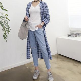 Mandarin-collar Open-placket Plaid Shirtdress