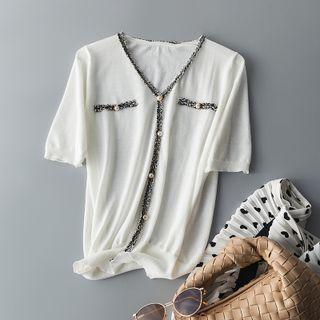 Short-sleeve Tweed Trim Cardigan