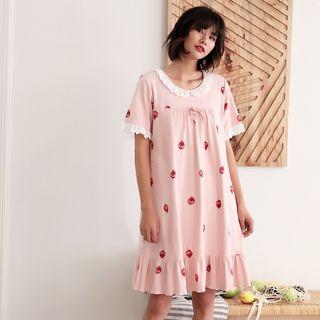 Frill Trim Strawberry Print Short-sleeve Sleep Dress
