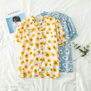 Flower Print Ruffled V-neck Short-sleeve Shirt