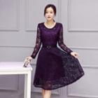 Lace Round Neck A-line Dress With Belt